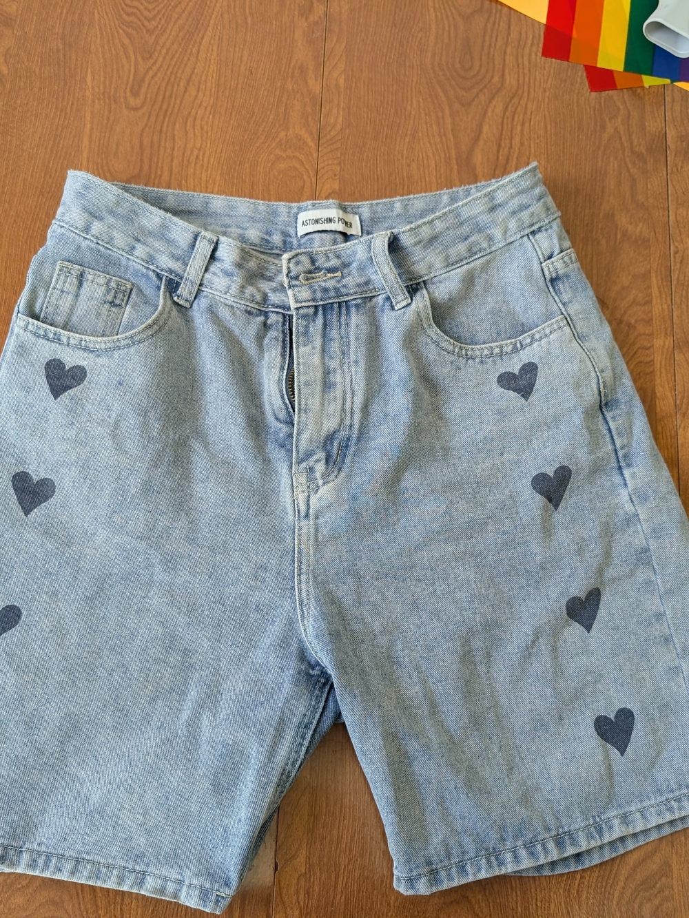 Light Wash Denim Heart Print Shorts